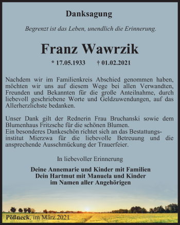 Traueranzeige von Franz Wawrzik von Ostthüringer Zeitung