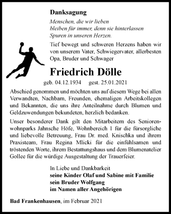 Traueranzeige von Friedrich Dölle von Thüringer Allgemeine