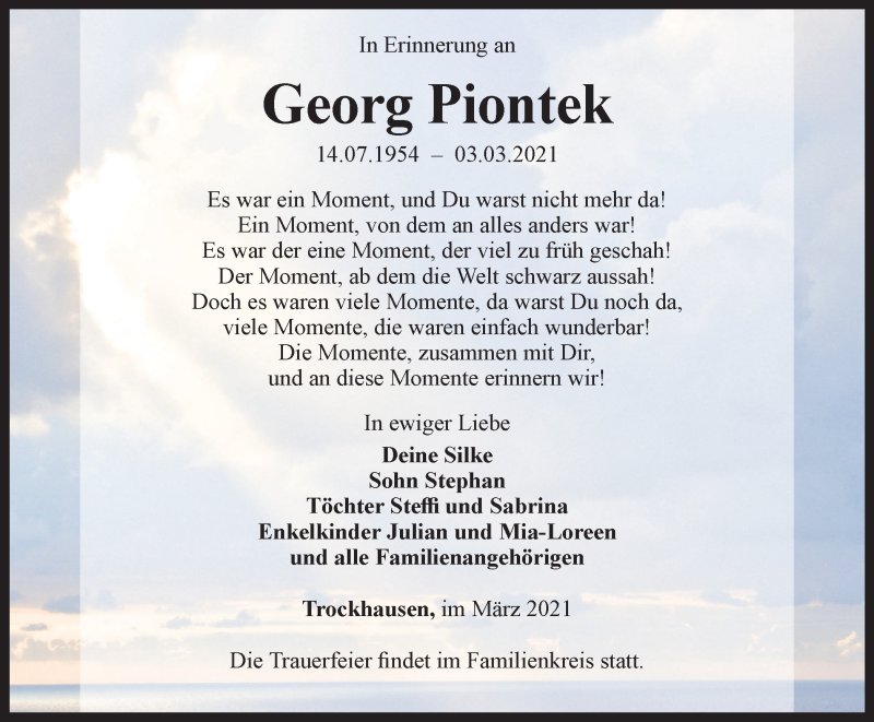  Traueranzeige für Georg Piontek vom 13.03.2021 aus Ostthüringer Zeitung, Thüringische Landeszeitung