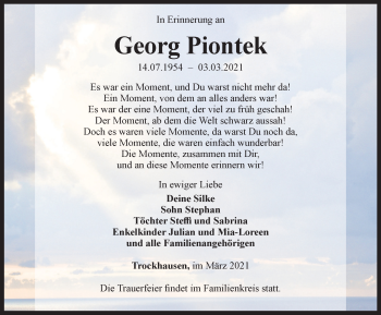 Traueranzeige von Georg Piontek von Ostthüringer Zeitung, Thüringische Landeszeitung