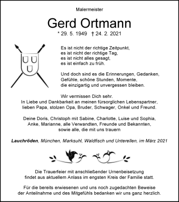 Traueranzeige von Gerd Ortmann von Thüringer Allgemeine, Thüringische Landeszeitung