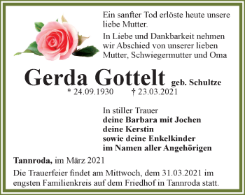 Traueranzeige von Gerda Gottelt von Thüringer Allgemeine, Thüringische Landeszeitung