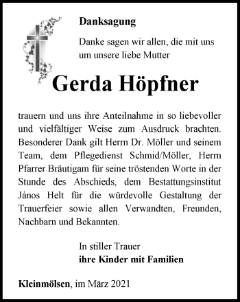 Traueranzeige von Gerda Höpfner von Thüringer Allgemeine, Thüringische Landeszeitung