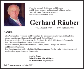 Traueranzeige von Gerhard Räuber von Thüringer Allgemeine