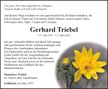 Traueranzeige von Gerhard Triebel von Thüringer Allgemeine, Thüringische Landeszeitung