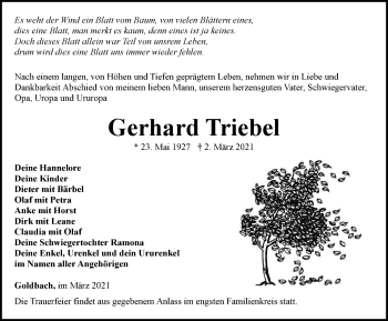 Traueranzeige von Gerhard Triebel von Thüringer Allgemeine, Thüringische Landeszeitung