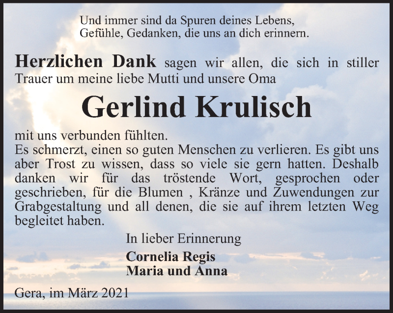  Traueranzeige für Gerlind Krulisch vom 27.03.2021 aus Ostthüringer Zeitung