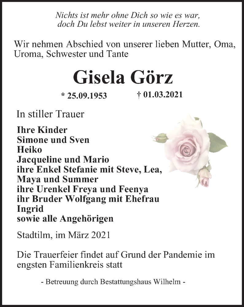  Traueranzeige für Gisela Görz vom 06.03.2021 aus Thüringer Allgemeine