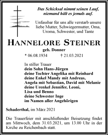Traueranzeige von Hannelore Steiner von Ostthüringer Zeitung