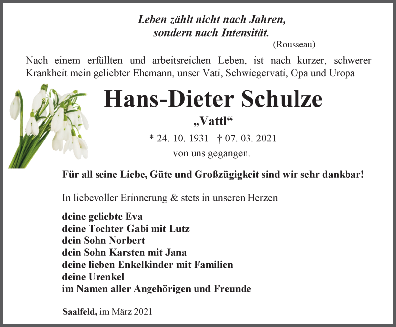  Traueranzeige für Hans-Dieter Schulze vom 13.03.2021 aus Ostthüringer Zeitung