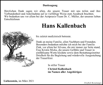 Traueranzeige von Hans Kallenbach von Thüringer Allgemeine