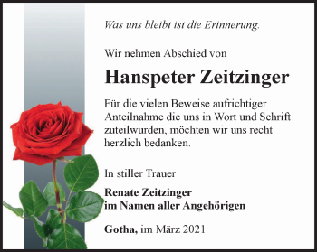 Traueranzeige von Hanspeter Zeitzinger von Thüringer Allgemeine, Thüringische Landeszeitung