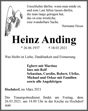Traueranzeige von Heinz Anding von Thüringer Allgemeine, Thüringische Landeszeitung
