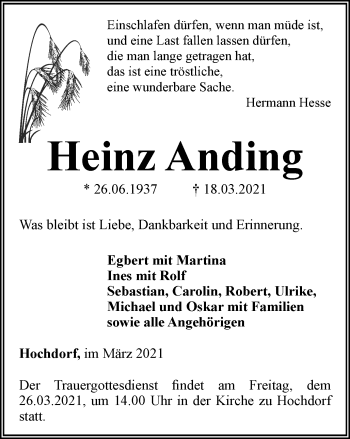 Traueranzeige von Heinz Anding