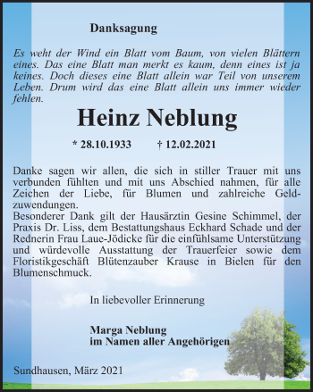 Traueranzeige von Heinz Neblung von Thüringer Allgemeine