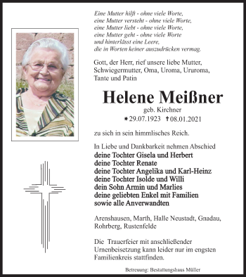 Traueranzeige von Helene Meißner von Thüringer Allgemeine