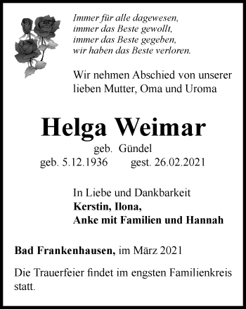 Traueranzeige von Helga Weimar von Thüringer Allgemeine