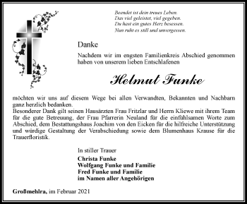 Traueranzeige von Helmut Funke von Thüringer Allgemeine, Thüringische Landeszeitung