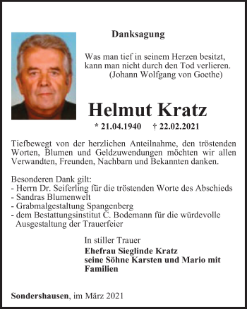 Traueranzeige von Helmut Kratz