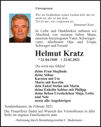 Traueranzeige von Helmut Kratz