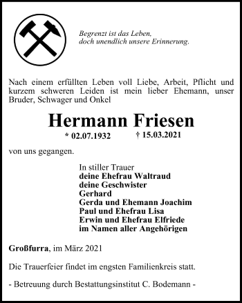 Traueranzeige von Hermann Friesen