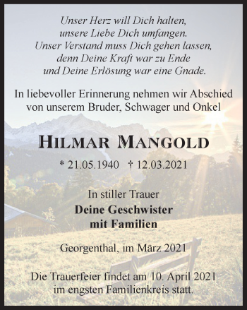 Traueranzeige von Hilmar Mangold von Thüringer Allgemeine, Thüringische Landeszeitung