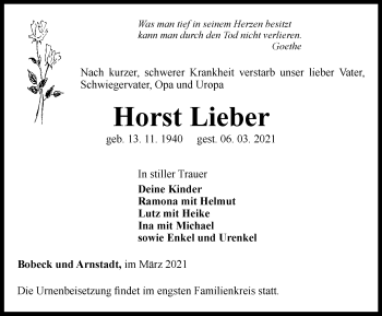 Traueranzeige von Horst Lieber von Ostthüringer Zeitung