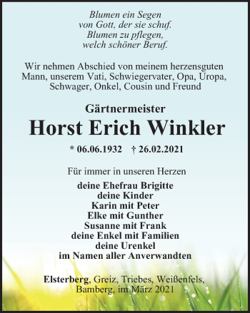 Traueranzeige von Horst Erich Winkler von Ostthüringer Zeitung