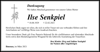 Traueranzeige von Ilse Senkpiel von Thüringer Allgemeine