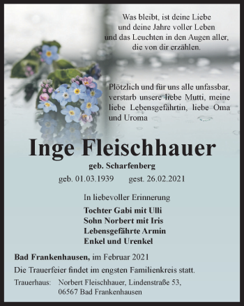 Traueranzeige von Inge Fleischhauer von Thüringer Allgemeine
