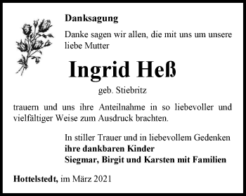 Traueranzeige von Ingrid Heß von Thüringer Allgemeine, Thüringische Landeszeitung