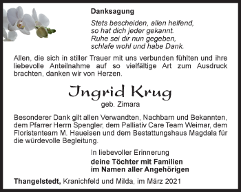 Traueranzeige von Ingrid Krug von Thüringer Allgemeine, Thüringische Landeszeitung