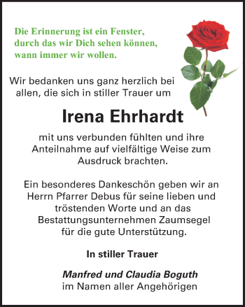 Traueranzeige von Irena Ehrhardt von Ostthüringer Zeitung