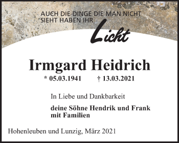 Traueranzeige von Irmgard Heidrich von Ostthüringer Zeitung