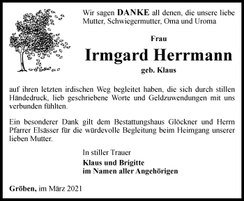 Traueranzeige von Irmgard Herrmann von Ostthüringer Zeitung