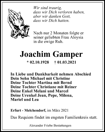 Traueranzeige von Joachim Gamper