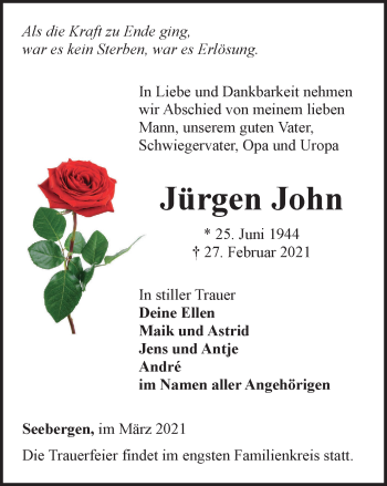 Traueranzeige von Jürgen John von Thüringer Allgemeine, Thüringische Landeszeitung