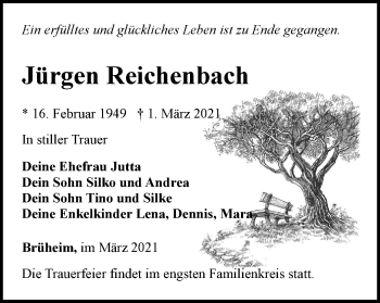 Traueranzeige von Jürgen Reichenbach von Thüringer Allgemeine, Thüringische Landeszeitung