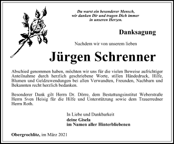 Traueranzeige von Jürgen Schrenner von Ostthüringer Zeitung