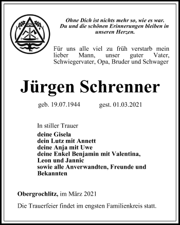 Traueranzeige von Jürgen Schrenner von Ostthüringer Zeitung