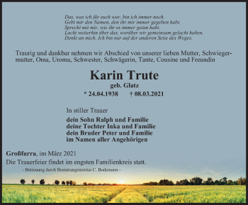 Traueranzeige von Karin Trute