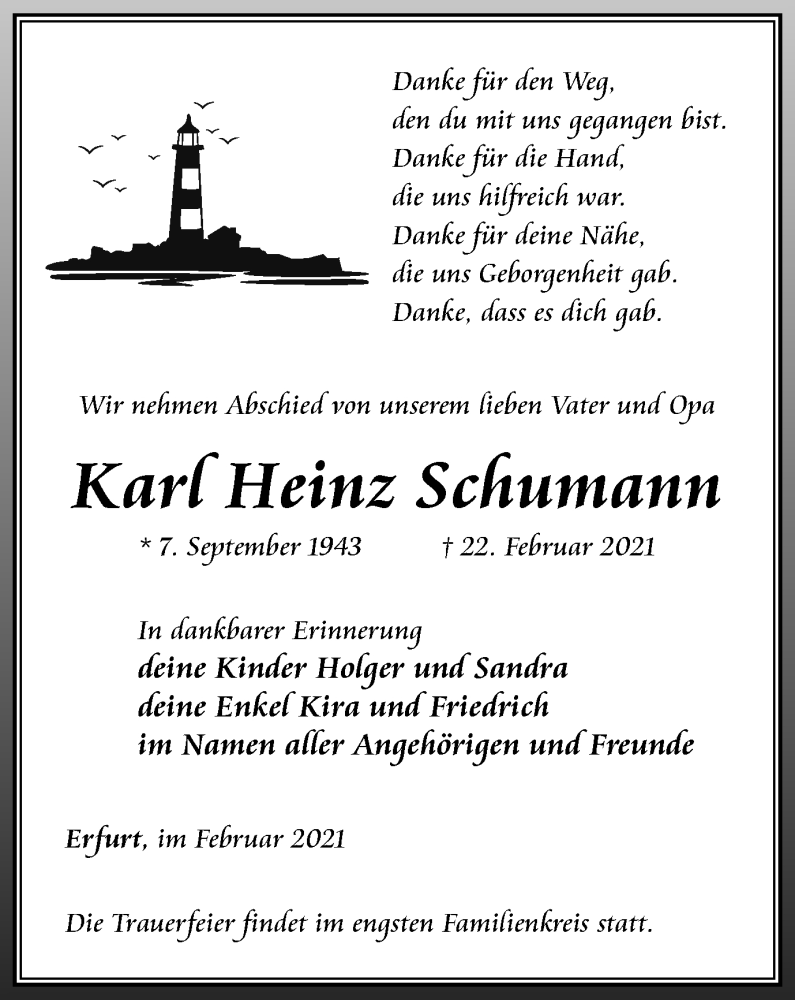  Traueranzeige für Karl Heinz Schumann vom 06.03.2021 aus Thüringer Allgemeine, Thüringische Landeszeitung