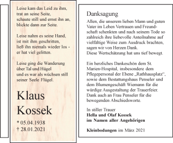 Traueranzeige von Klaus Kossek von Thüringer Allgemeine