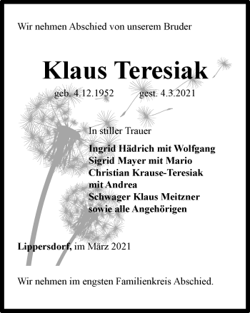 Traueranzeige von Klaus Teresiak von Ostthüringer Zeitung