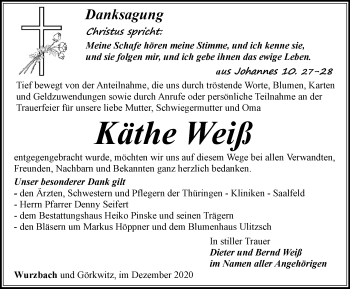 Traueranzeige von Käthe Weiß von Ostthüringer Zeitung