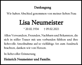Traueranzeige von Lisa Neumeister von Ostthüringer Zeitung