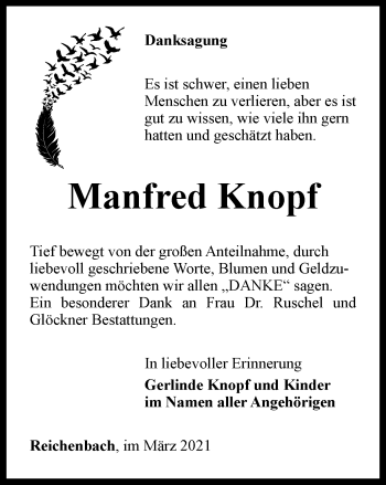 Traueranzeige von Manfred Knopf von Ostthüringer Zeitung