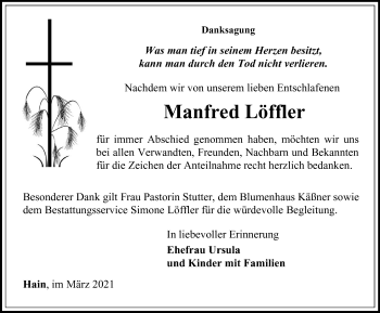 Traueranzeige von Manfred Löffler von Ostthüringer Zeitung