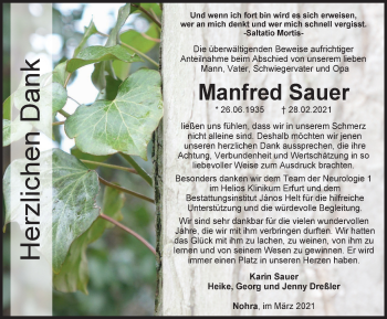 Traueranzeige von Manfred Sauer von Thüringer Allgemeine, Thüringische Landeszeitung