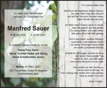 Traueranzeige von Manfred Sauer von Thüringer Allgemeine, Thüringische Landeszeitung